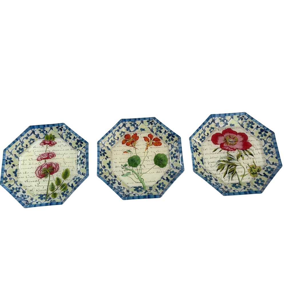 John Derian Decoupage Octagon Glass Trays Set of 3 Botanical Floral Script 6in